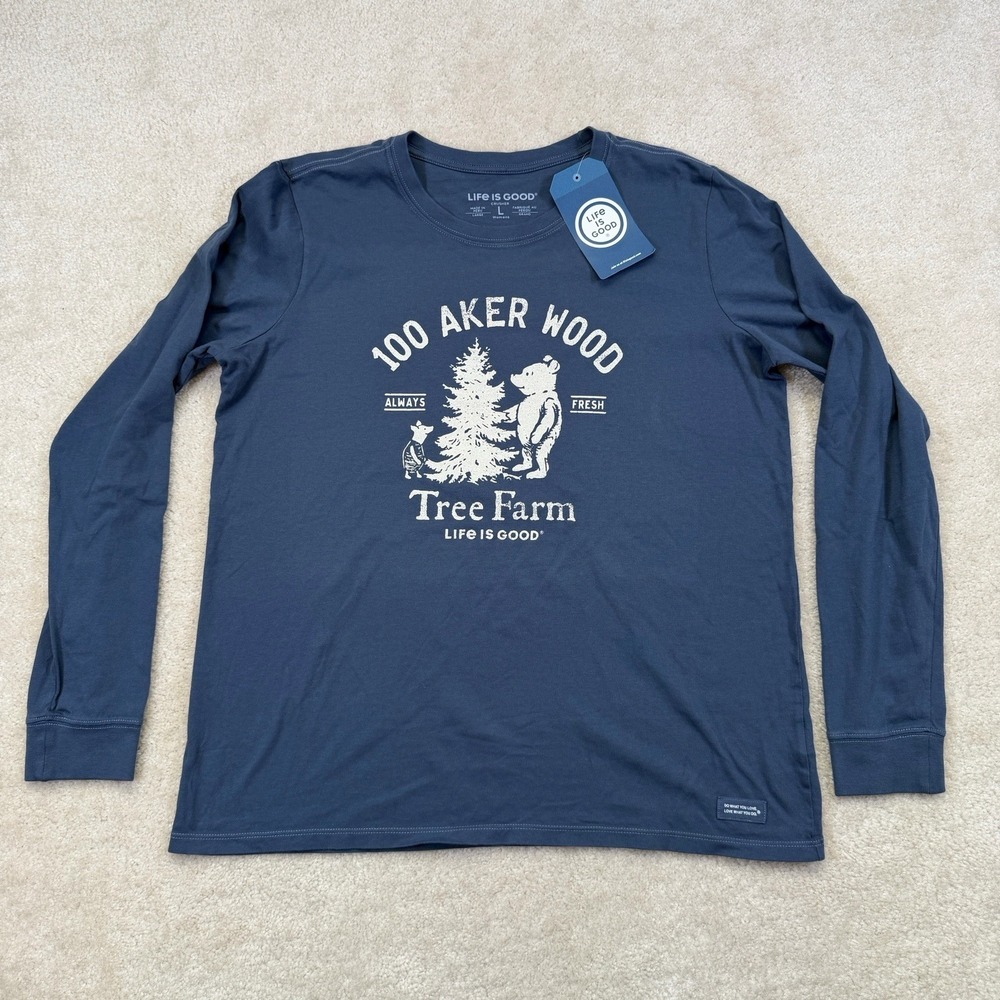 NWT Life Is Good Winnie The Pooh 100 Aker Wood Crusher Tee Womens L Blue Cotton